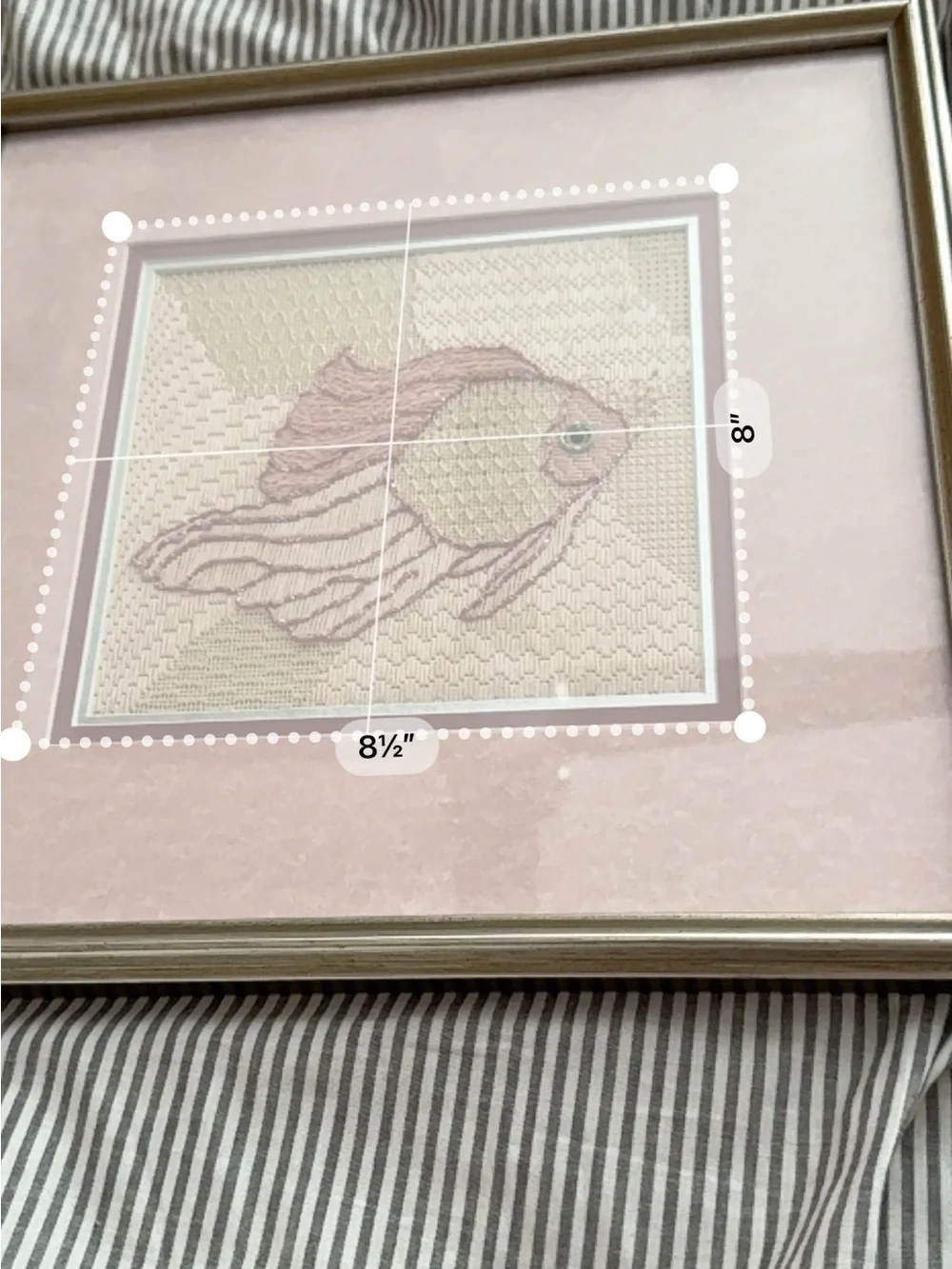 Vintage Pink Fish Needlepoint Embroidery Framed Textile Fiber Art Coastal 12”